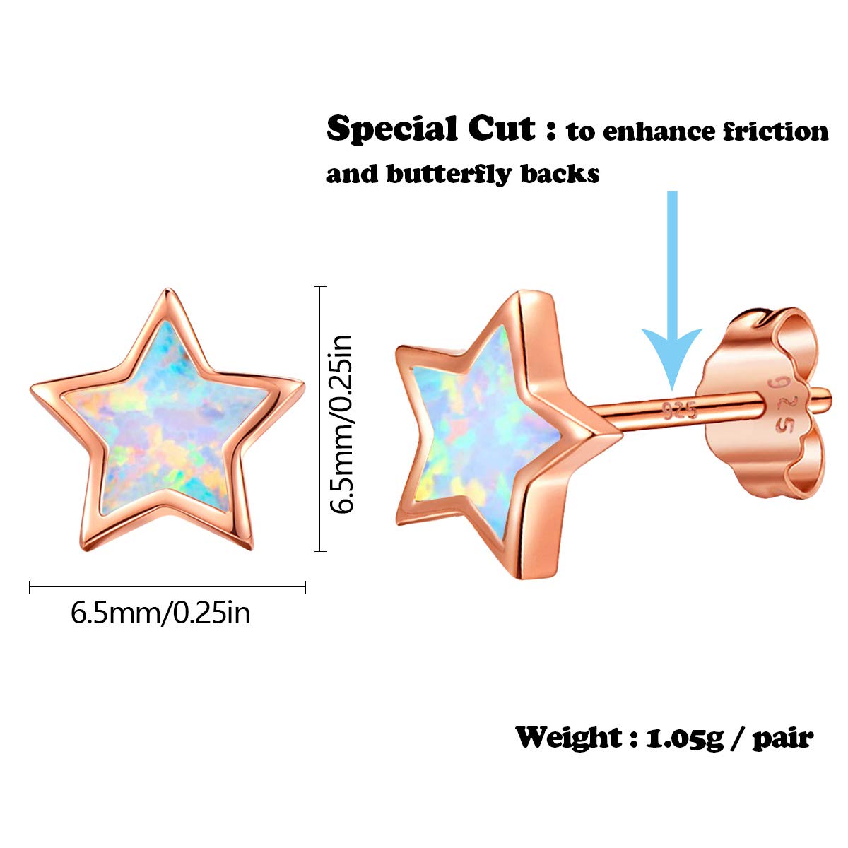 Rose Gold Star Earrings for Girls, Hypoallergenic Fire Opal Stud Earrings For Women ARSKRO S925 Sterling Sliver Little Small Tiny Cute Earring Jewelry Gifts for Sensitive Ears Toddlers Kids