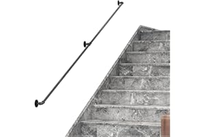 DIYHD 9FT Stair Black Pipe Handrail with 3 Wall Mount Supports,Rustic Black,Round Corner Style