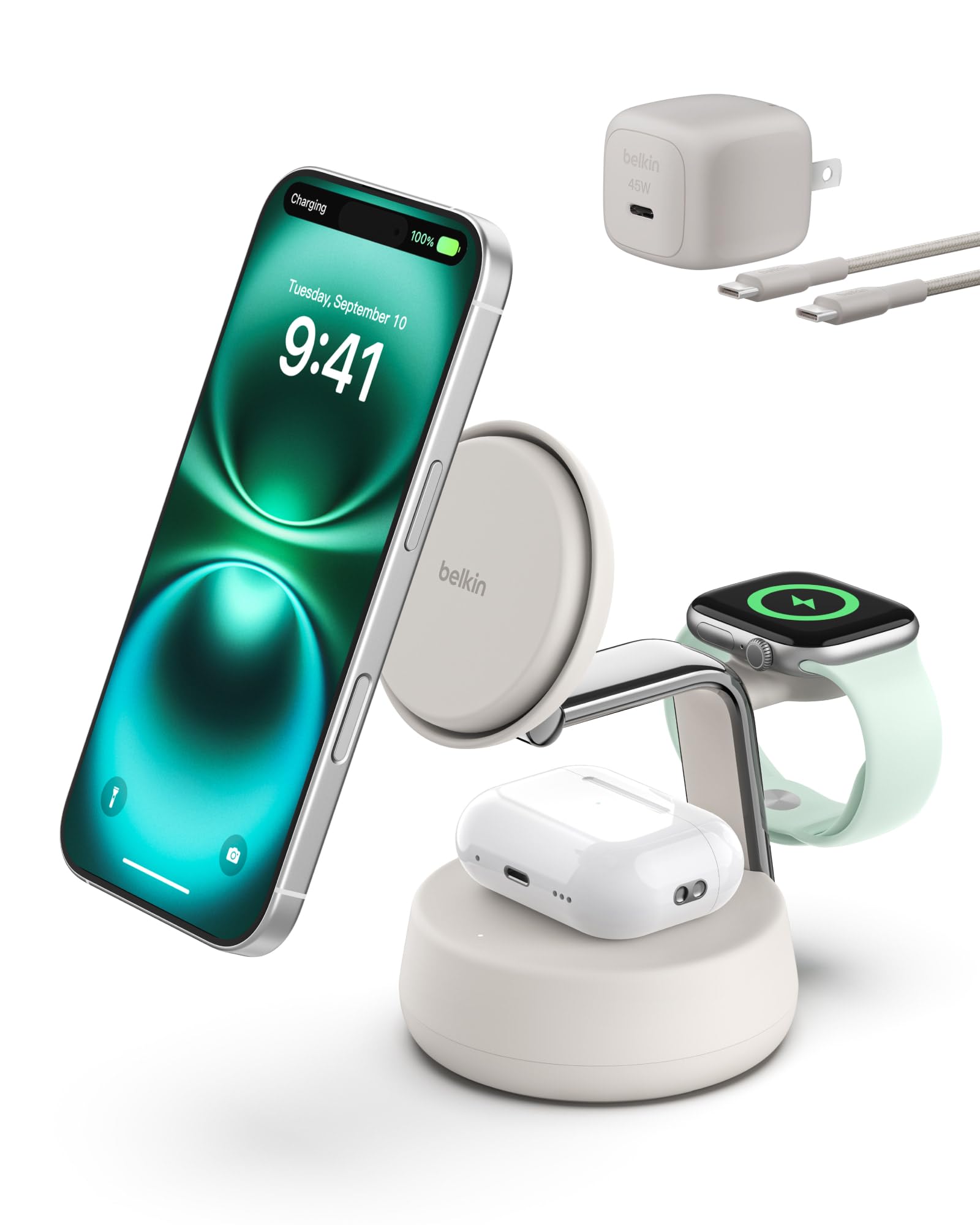 Photo 1 of Belkin MagSafe Charger Compatible, 3-in-1 Charging Station, Qi2.2 25W w/Cooling Fan (On/Off Control) Magnetic Wireless Charger for iPhone 17, Apple Watch, AirPods, Pixel 10 (45W Adapter Included)