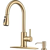 FORIOUS Gold Kitchen Faucet with Soap Dispenser and Pull Down Sprayer, Bar High Arc Single Handle Classic 3 Modes Stainless Steel Faucet for Kitchen Sink Farmhouse RV Laundry Camper