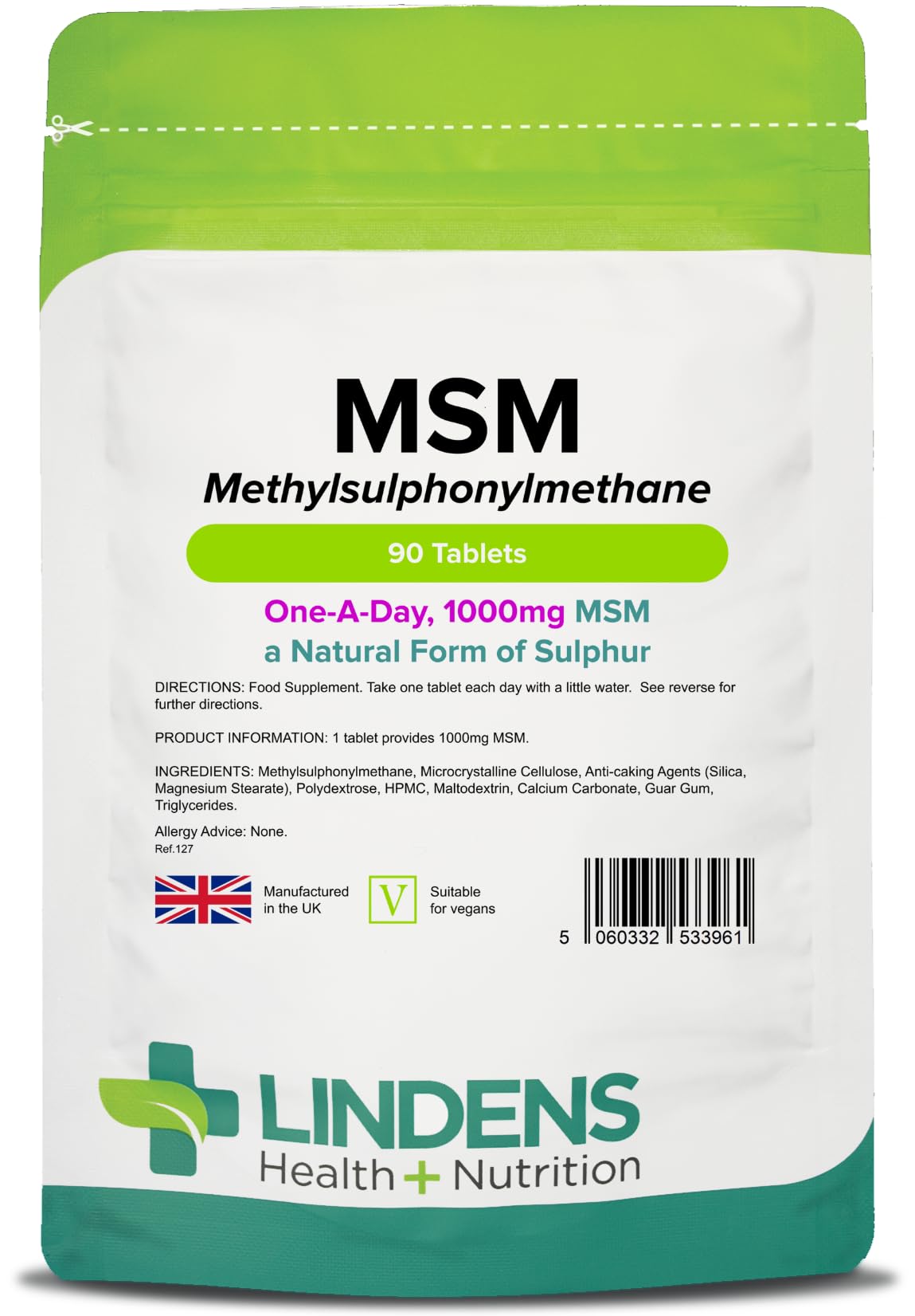 Lindens - MSM 1000mg - 90 Vegan Tablets - 1-A-Day - UK Made - Rich in Sulphur, Joint Support, Tissue, Joint Care | Natural Sulfur | (Methylsulfonylmethane) | (3+ Months Supply), Letterbox Friendly