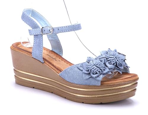 Schuhtempel24 Damen Schuhe Keilsandaletten Sandalen Sandaletten Keilabsatz Glitzer/Blumenapplikation 7 cm