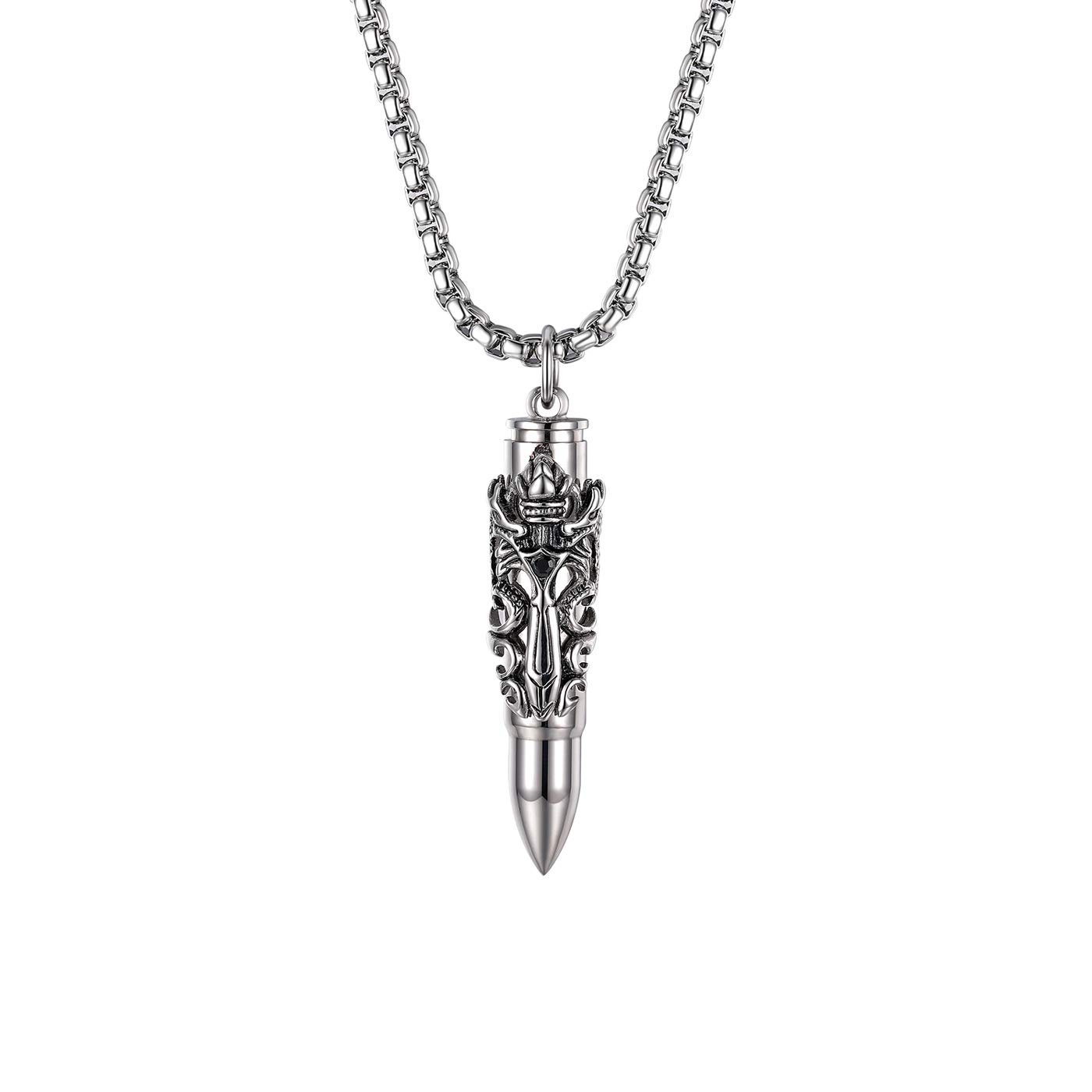 JewelryWe Mens Openable Bullet Pendant Dragon Pattern Stainless Steel Perfume Ashes Urn Necklaces