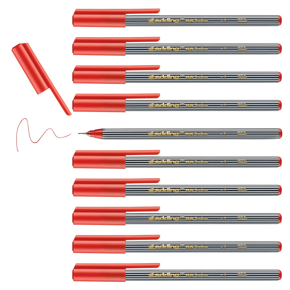 edding 55 - fineliner - red - 10 pens - 0.3 mm nib - colour pen for writing, drawing, underlining, illustrating - for children and adults, at school and in the home or office