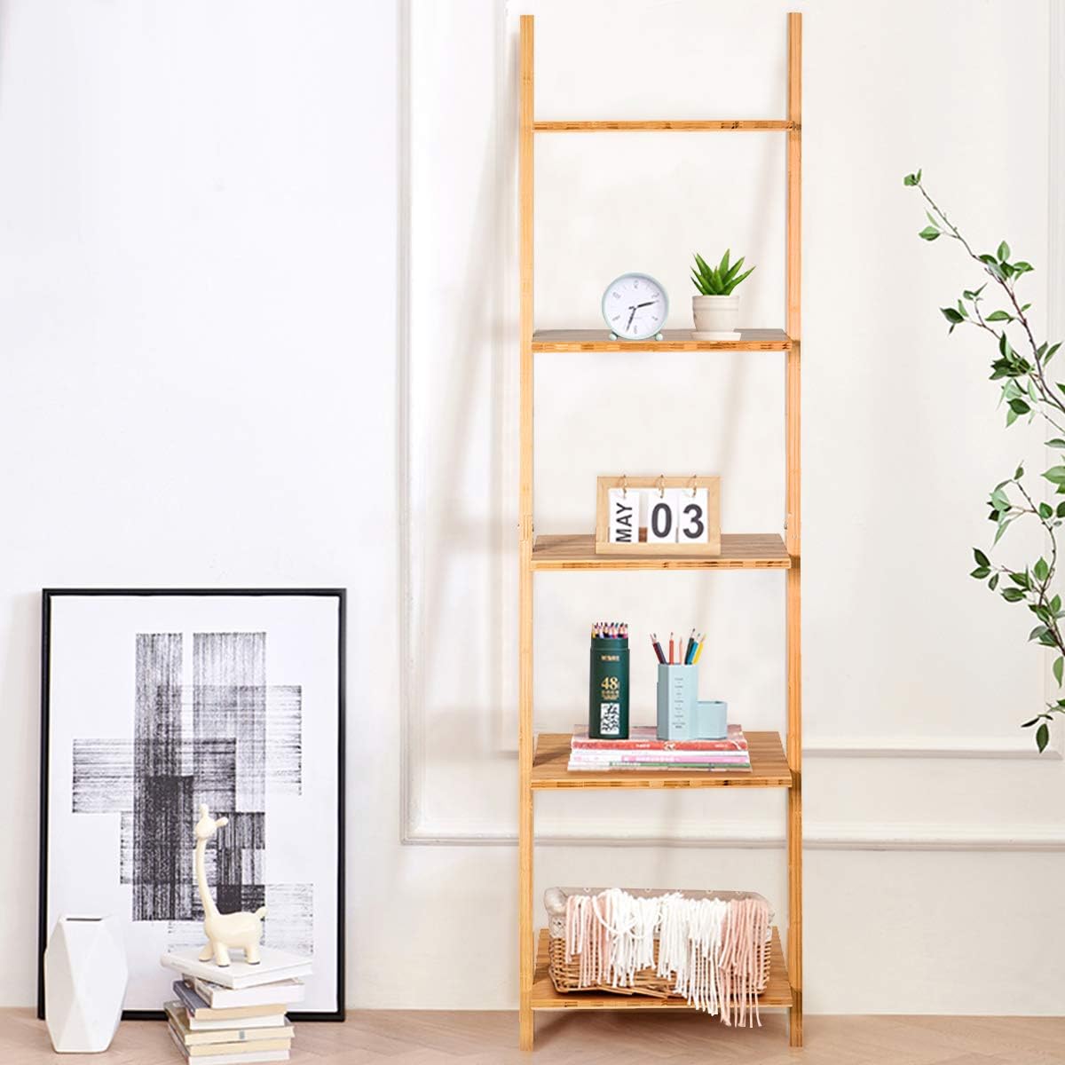 Tangkula 5-Tier Ladder Shelf Bookshelf, Natural Bamboo Wall-Leaning Bookshelf, Plant Flower Stand, Storage Display Shelves for Living Room Bathroom Office, Multifunctional Ladder Bookcase (Natural): Kitchen & Dining