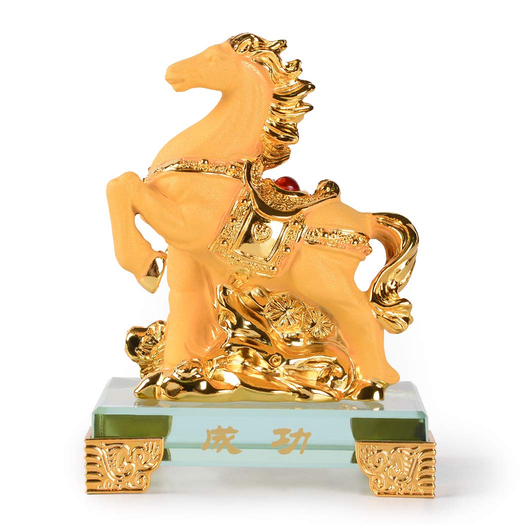 PopTop Brass BRASSTAR Golden Resin Feng Shui Frosted Horse with Glass Base Success Statue Chinese Zodiac Home Office Table Decor Figurine Gift Collection PTZY106