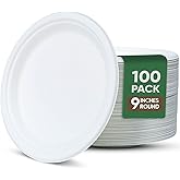 TaidMiao 9 Inch Paper Plates 100 Pack - 100% Compostable Dinnerware | Leak & Grease Resistant Disposable Plates for Parties, Microwavable, Bulk Eco-Friendly - White