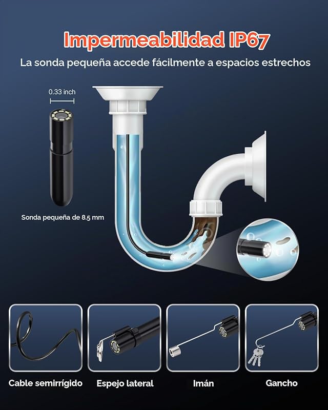 Câmara endoscópica, boroscópio HD 1920P para Android e iOS, com 8 luzes LED ajustáveis e cabo semi-rígido de 5 m, zoom 2X, IP67 à prova de água, para automóveis e canalização, 5000 x 18 x 10 mm