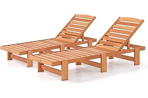 COSTWAY Solid Wood Chaise Lounge, Outdoor Lounge Chair with 5-Position Adjustable Backrest, Wooden Patio Lounger for Sunbathi