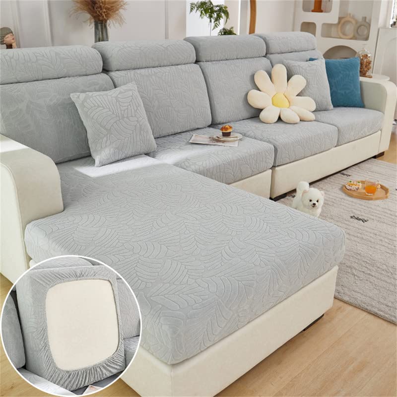 Topchances Sofa Seat Cushion Covers - Stretch Sofa Cushion Covers Replacement, Non-Slip Sofa Seat Slipcovers for Sofa Cushion L Shaped Chaise Longue Furniture Protection (Leaves, Light Grey)