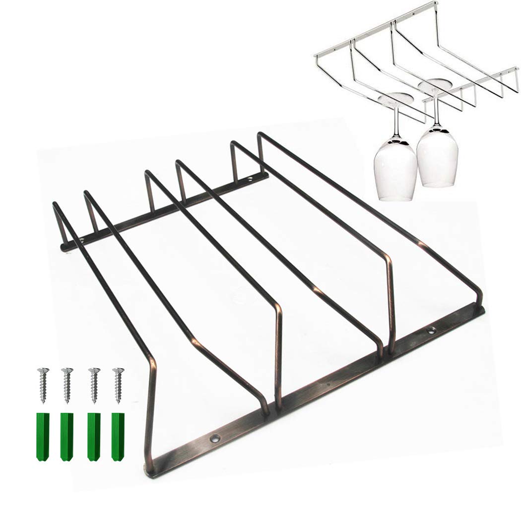 SIPLIV Stemware Wine Glass Hanging Rack Under Cabinet Kitchen Bar Storage Wine Glass Rack Holds up to 12-15 Wine Glass, 13.4 Inch 3 Rows, Bronze