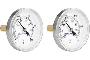MEASUREMAN Hot Water Bi-Metal Thermometer, 2-1/2" Dial, 1-3/4" Lead-Free Brass Stem, Range 0-250 deg F/-20-120 deg C, 2% Accuracy, Adjustable, 1/2" NPT Back Mount（2 Pack