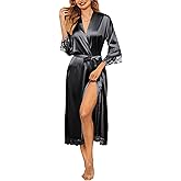 Ekouaer Satin Robes for Women Lace Trim Silk Robe 3/4 Sleeve Kimono Bathrobe Bride Bridesmaid Wedding Party Sleepwear S-XXL