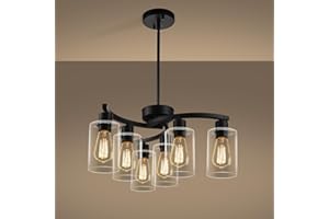CNRATYE 6-Light Modern Farmhouse Black Chandelier, Contemporary Dining Room Light Fixture, Adjustable Height Hanging Industrial Pendant Lights Kitchen Island, Clear Glass Shade