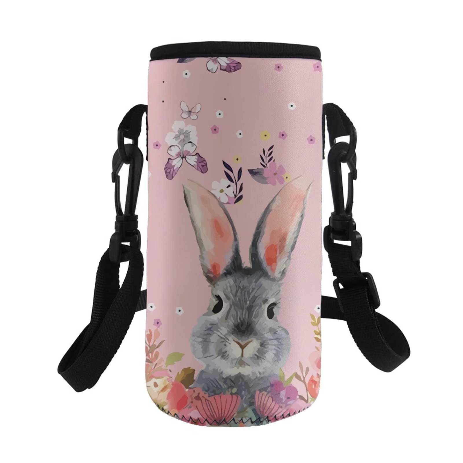 COEQINE Water Bottle Holder Print Floral Rabbit Pink,for Girls Women Outdoor Hiking Travel School Water Bottle Carrier Bag,Adjustable Shoulder Strap