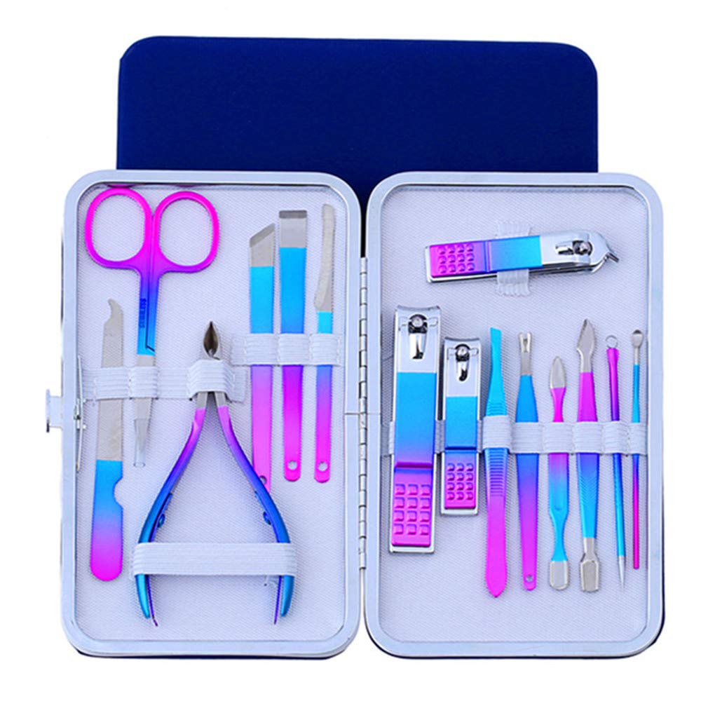 ZUOL 15 nail clippers, rainbow manicure nail set, professional stainless steel pedicure set, nail clippers, nail file, nails, nail clippers and blue leather suitcase