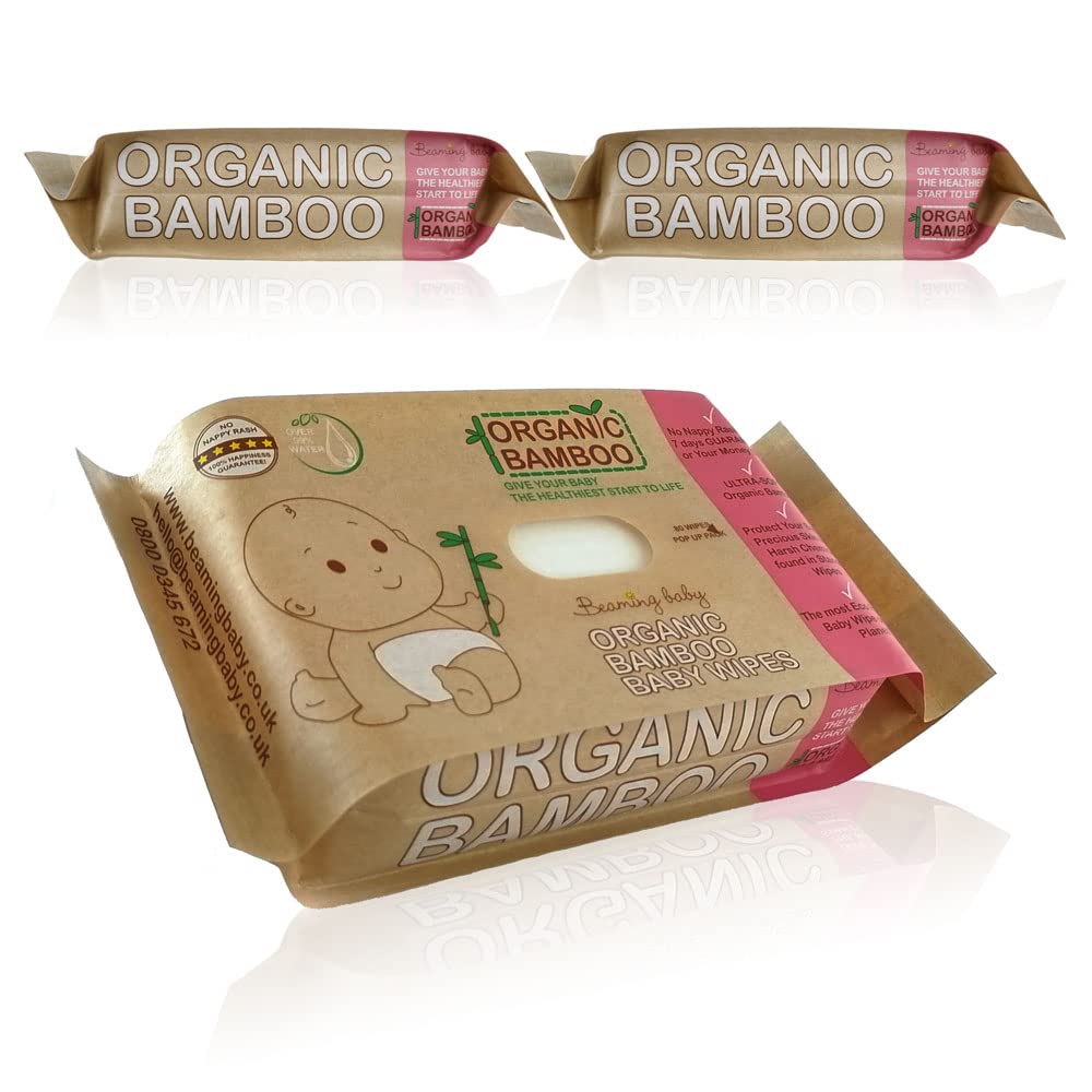Beaming Baby Organic Bamboo, Biodegradable Baby Wipes - 240 Wet Wipes (3 Packs x 80) Multipack. Unscented, Plastic Free, Made with Organic Aloe Vera, Ideal for Newborn Sensitive Skin. Paper Packaging