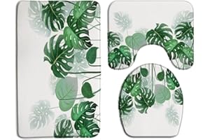 ZKJSMGS Tropical Leaf 3 Piece Bath Mat Sets,Green Palm Leaves Plant Watercolor Monstera Leaf Jungle Botanical Exotic 16"x24"Bath Rug,Toilet Seat Cover, U-Shaped Toilet