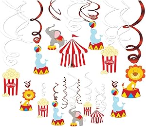 Kristin Paradise 30Ct Carnival Hanging Swirl Decorations, Circus Animals Party Supplies, Circo Birthday Favors for Kids, Baby Shower Ceiling Streamers, 1st, First Bday Theme Decor