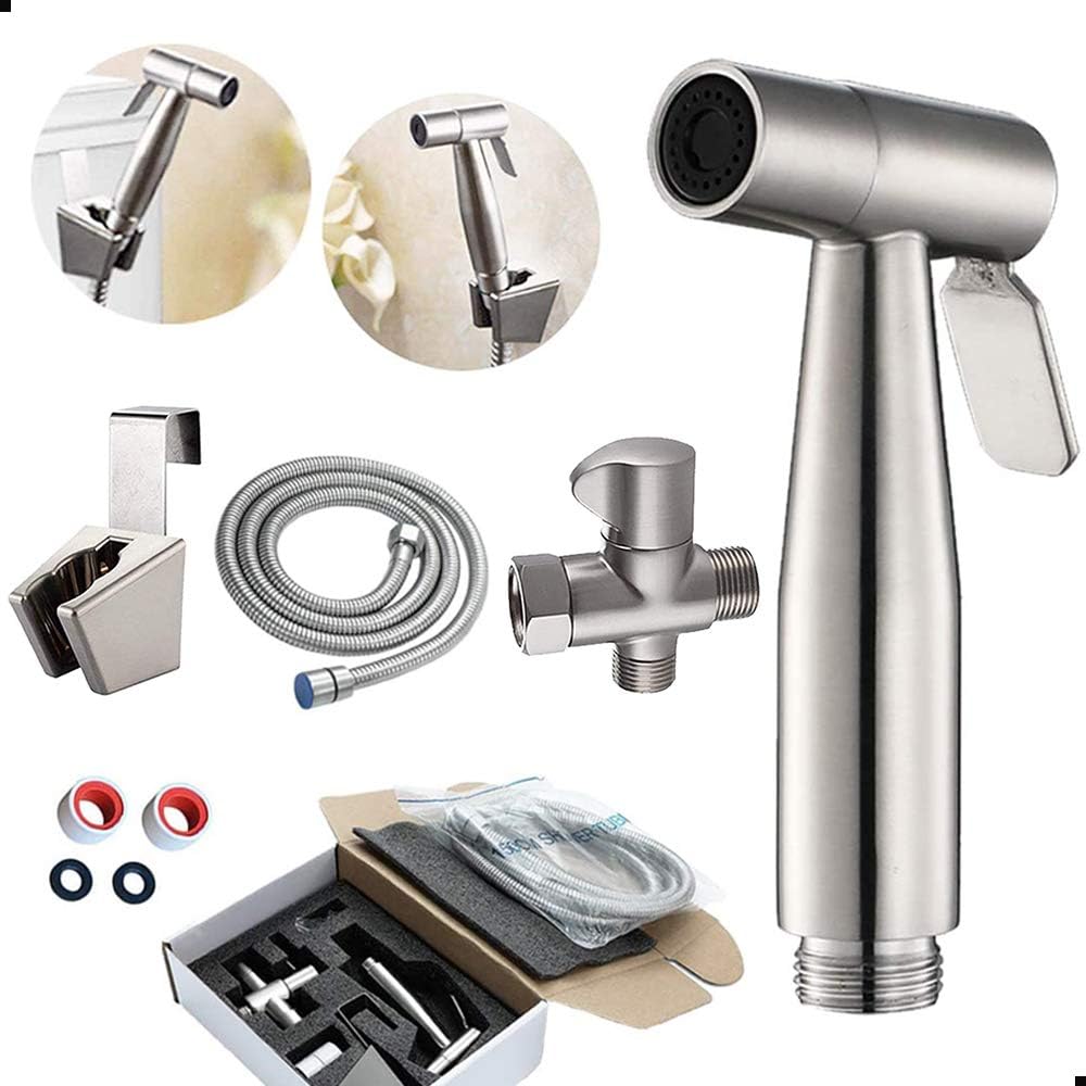 Toilet Bidet Sprayer Set Cloth Diaper Sprayer Shattaf Baby Bidet Jet Health Faucet Toilet Hose Shower Bidet Attachment Parts Nozzle Bottom Butt Cleaner Bidet Holder T adapter, Stainless Steel,Brushed