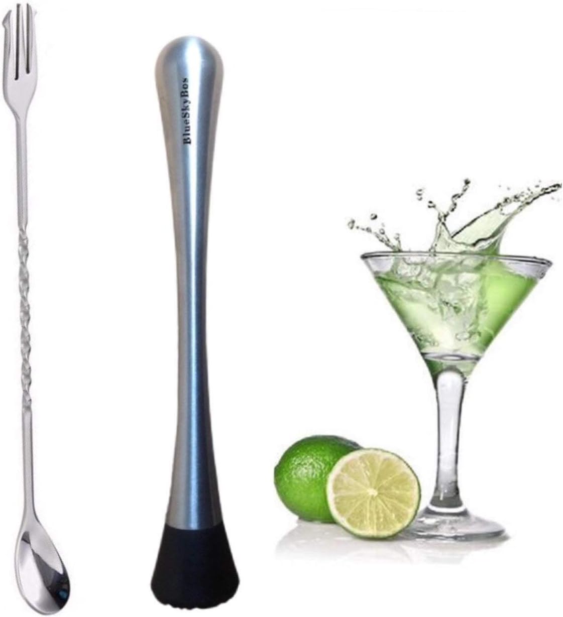 Stainless Steel Cocktail Muddler By BlueSkyBos - Mashes Fruits, Herbs and Spices for Cocktails - Professional Grade Bar Tool - Make Perfect Mojitos, Old Fashioneds, Mint Juleps & Many Other Mixed Drinks - 100% Satisfaction Guarantee
