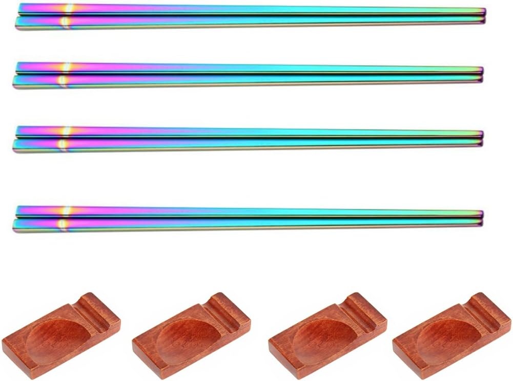 4 Pairs Rainbow Chopsticks 304 Stainless Steel Reusable Polished Chinese Chopstix, Match 4 Piece Natural Wooden Chopstick Spoon Rest Fork Knife Holder Stand