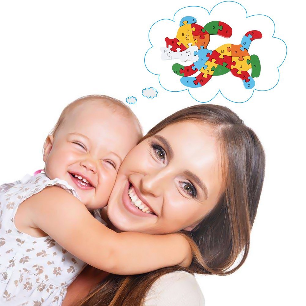 Wooden Blocks Jigsaw Puzzles, Letter & Numbers Puzzles Educational Toys Best Gift for Toddlers Kids Children Boys Girls (Dog+Train)