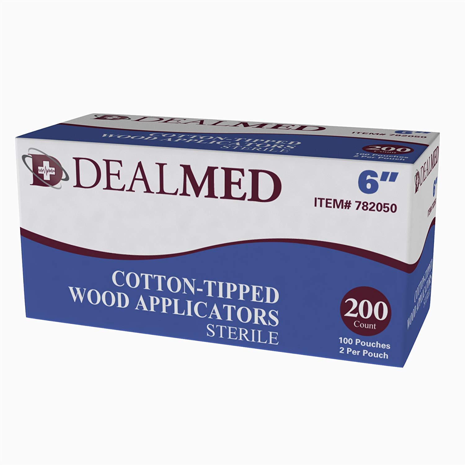 Dealmed 6" Sterile Cotton-Tipped Wood Applicators, 100 Pouches, 2 per Pouch (200 Count)