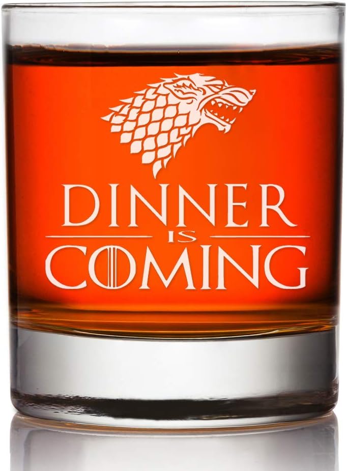 Dinner Is Coming, Stark House Game Of Thrones Inspired Gift, 10 oz. Whiskey Glass, Groomsmen Rocks Glass Gift, Best Man Gift, Bridal Party Gift, Groom whiskey Glass.-SET OF 4 GLASSES