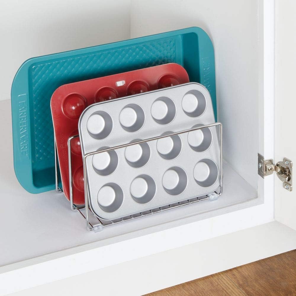 mDesign Baking Tray Rack - Wire Rack for Sorting Trays Pans and other Cookware Items - Free-Standing Pan Stand for the Kitchen - Chrome - Image 3