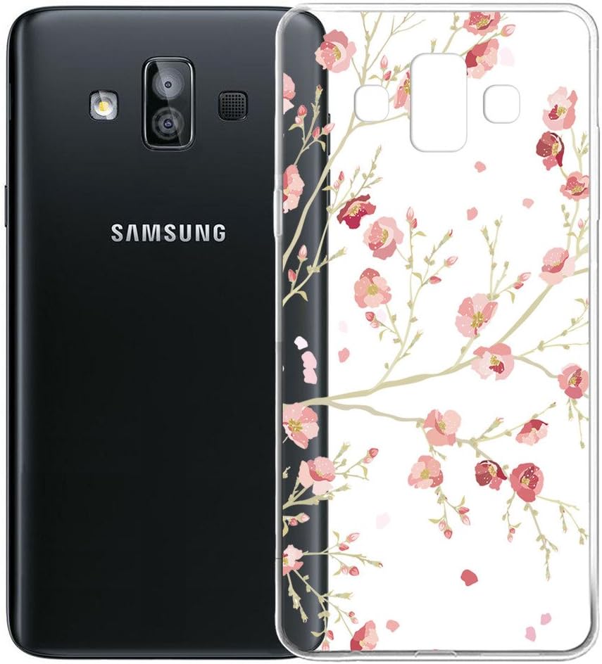 IJIA Case for Samsung Galaxy J7 Duo 2018 (5.5") - Transparent Beautiful Pink Peach Flower Clear TPU Soft Silicone Protection Bumper Fashion Skin Back Shell Case Cover