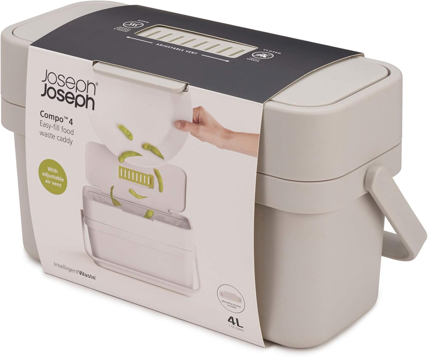Joseph Joseph Compo 4 Easy-Fill Compost Bin Food Waste Caddy with Adjustable Air Vent, 1 gallon / 4 liters, Stone: Kitchen & Dining
