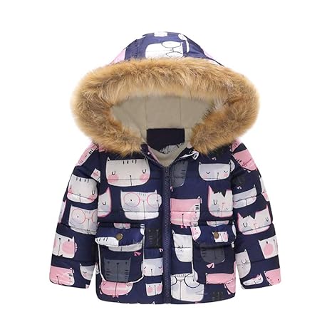 Longra Kinder Baby Daunenjacken Winterjacke mit Fell Kapuze für Jungen Mädchen Cartoon Katze Daunenmantel Herbstjacken Wintermantel Verdickte Warme Jacket Steppjacke Outerwear