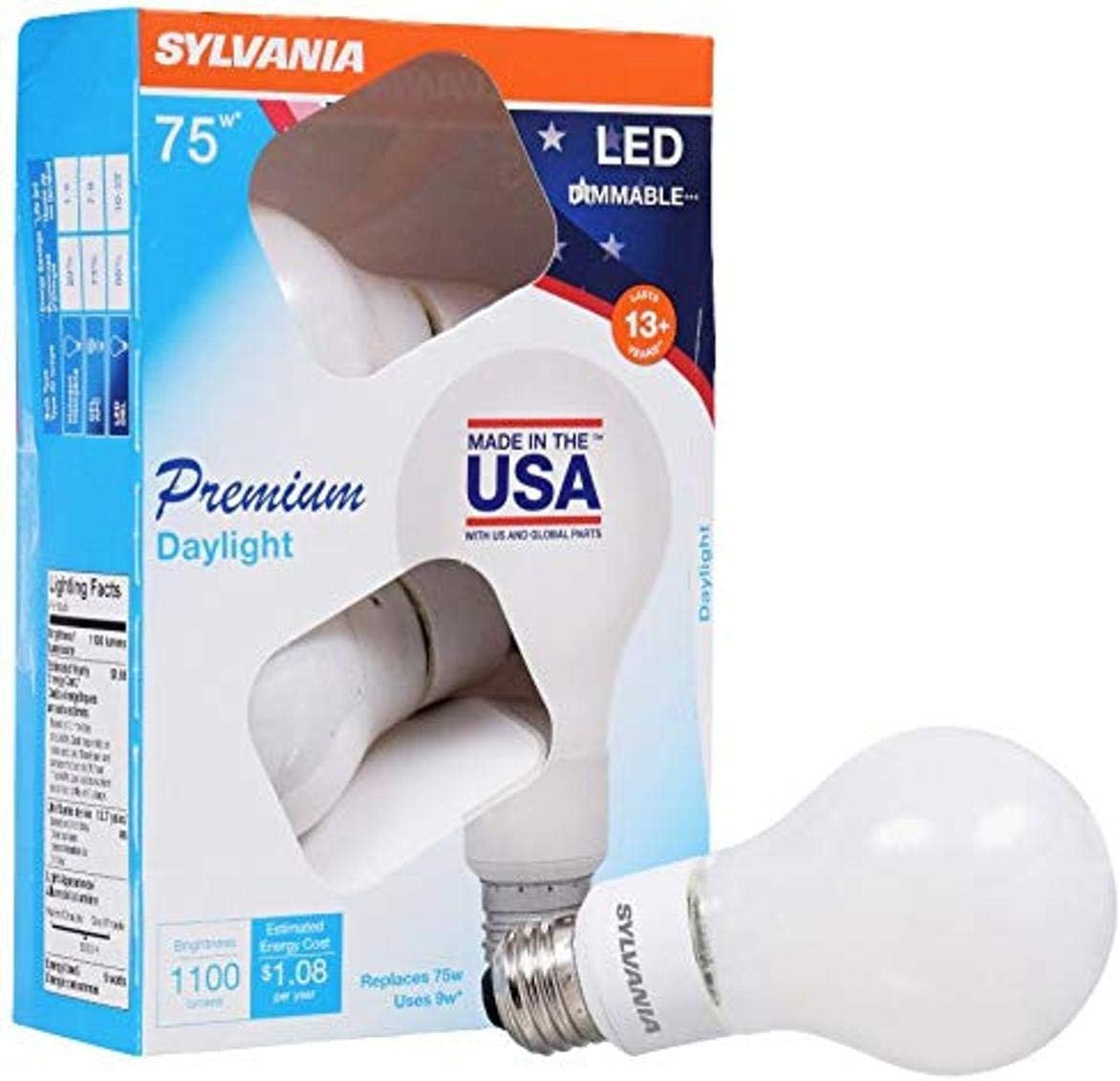 SYLVANIA General Lighting, Daylight 40241 Sylvania 75 Watt Equivalent, A21 LED Light Bulbs, Dimmable, Color 5000K, Made in The USA with US and Global Parts, 4 Pack
