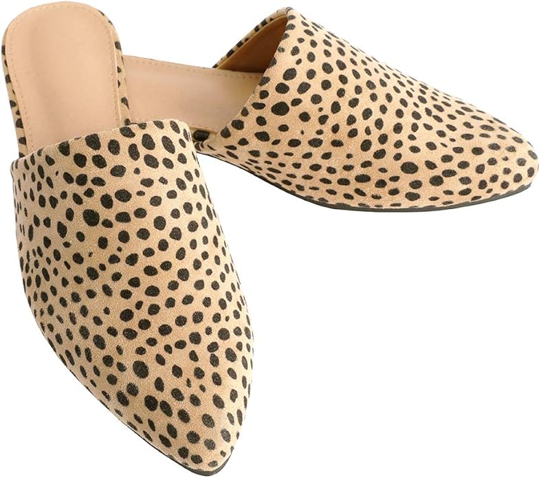 Ruanyu Womens Flat Mules Pointed Toe Slip On Loafer Animal Print Comfort Slide Sandals