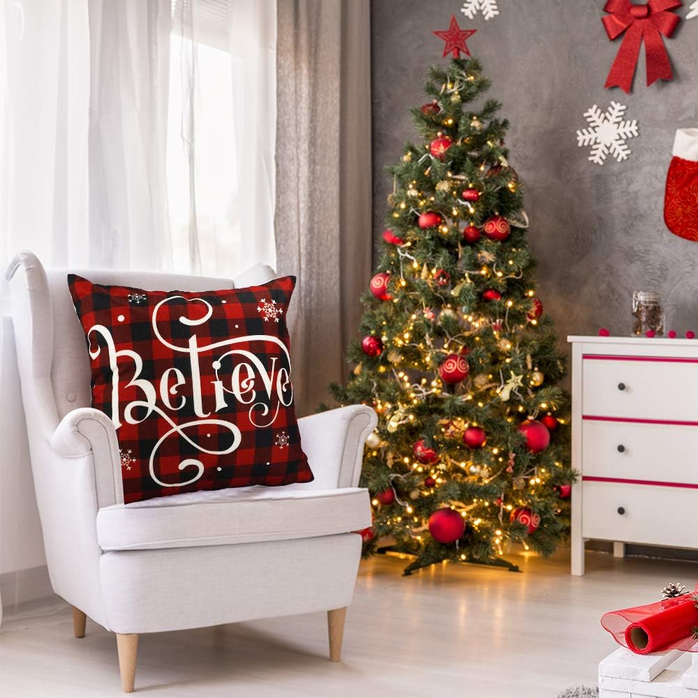 YGEOMER Christmas Pillow Covers 18×18 Inch Set of 4 Farmhouse Black and Red Buffalo Plaid Pillow Covers Holiday Rustic Linen Pillow Case for Sofa Couch Christmas Decorations Throw Pillow Covers: Home & Kitchen