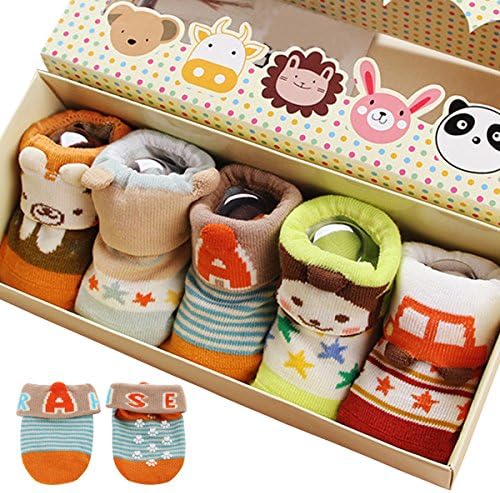 5pairs Non Skid Ankle Cotton Socks Baby Walker Boys Girls Toddler Anti Slip Stretch Turn Cuff Sock 0-12 months With Box (Baby boy's)