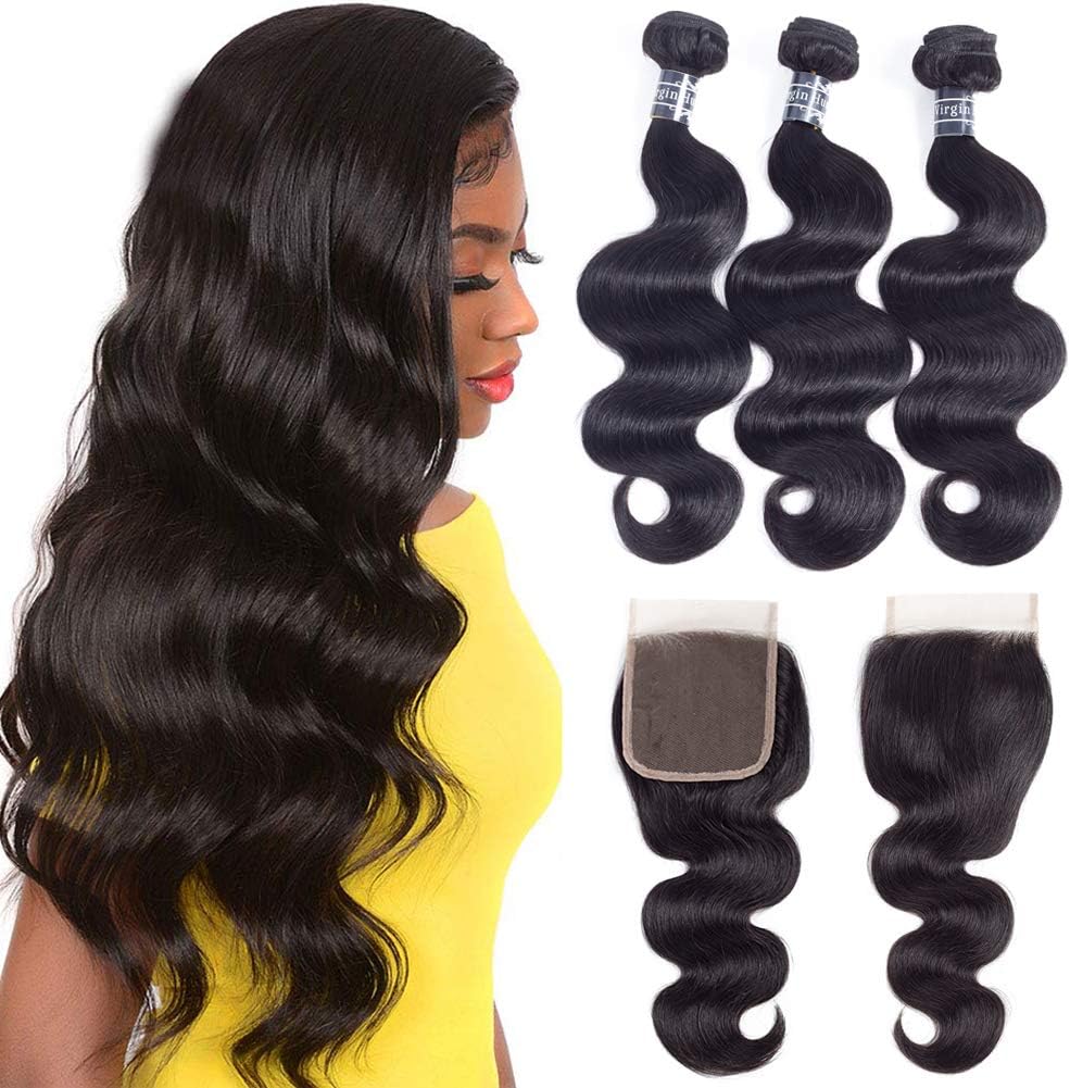 Amella Hair 8A Brazilian Human Hair Body Wave Bundles with Closure (10-14+10, Free Part) - 100% Unprocessed Brazilian Body Wave Hair Bundles with 4x4 Swiss Lace Closure