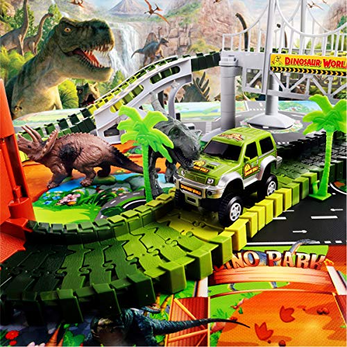 Dinosaur Toys Race Track with Dinosaur Play mat - 142 Pcs Race Car Track Sets Jurassic World Flexible Tracks Playset,2 Dinosaurs and Multiple Elements