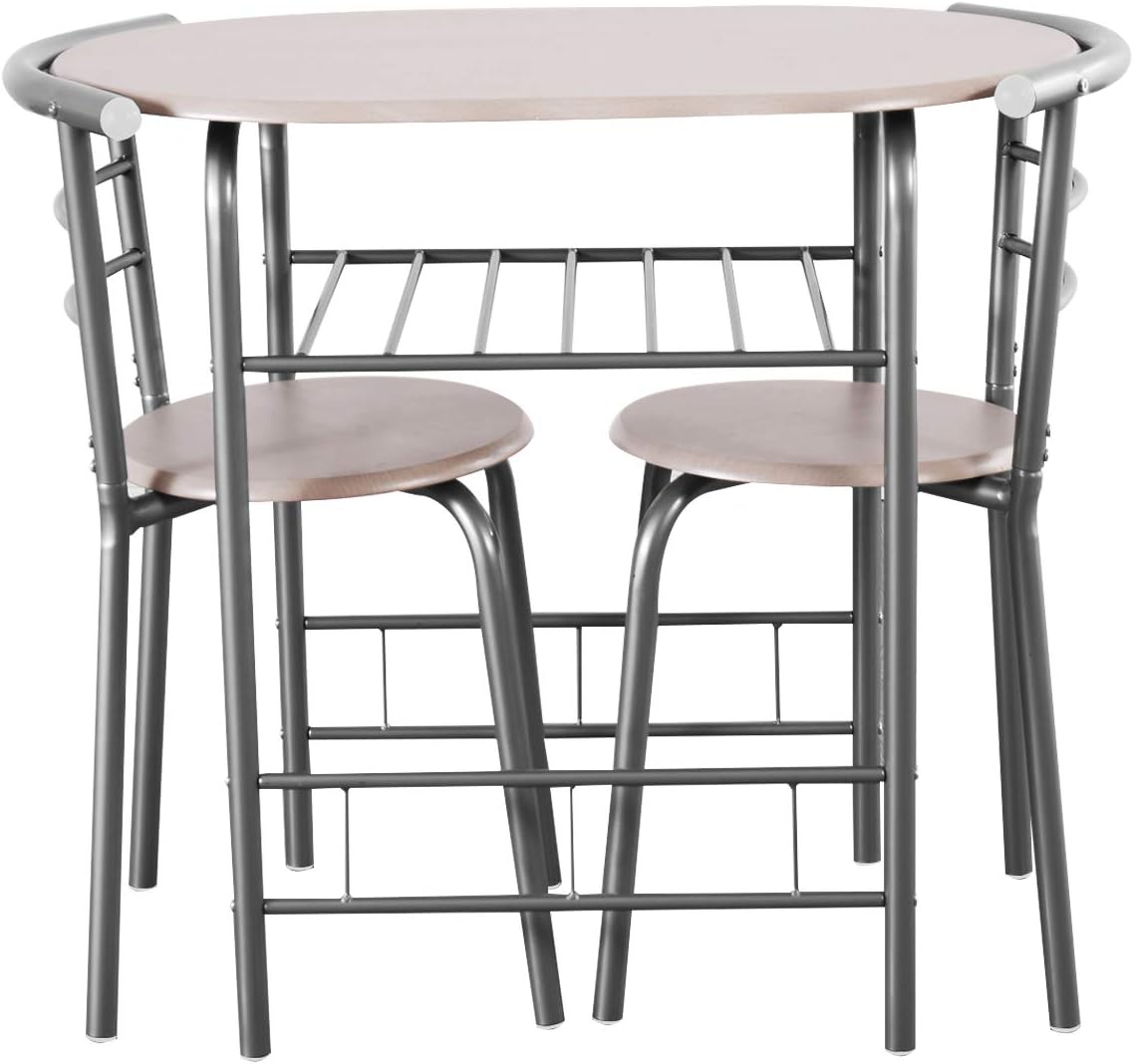 Giantex 3 Piece Dining Set Compact 2 Chairs and Table Set with Metal Frame and Shelf Storage Bistro Pub Breakfast Space Saving for Apartment and Kitchen (Beech) - Table & Chair Sets