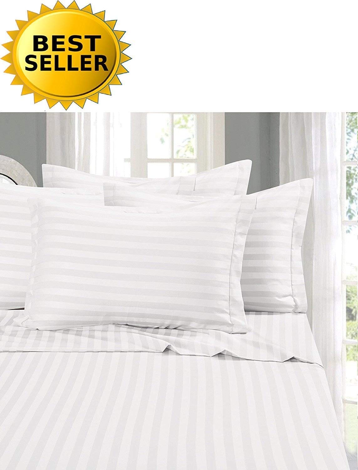 Elegant Comfort #1 Bed Sheet Set on Amazon - Super Silky Soft - 1500 Premier Hotel Quality Luxurious Wrinkle, Fade, Stain Resistant 6-Piece Stripe Bed Sheet Set, Full WhiteOEKO-TEX STANDARD 100