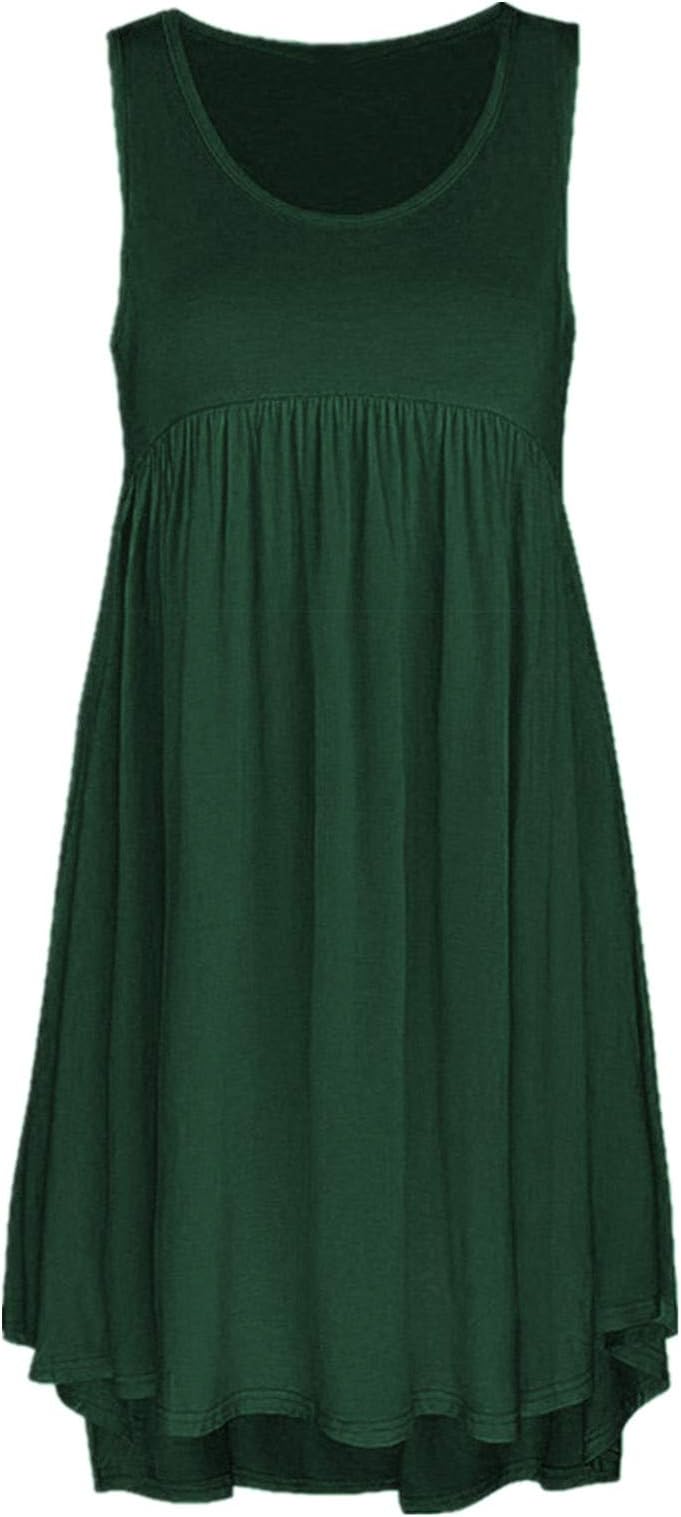 PASATO Womens Solid Off Shoulder Round Neck Casual Lace Sleeveless Above Knee Dress Loose Party Mini Dress