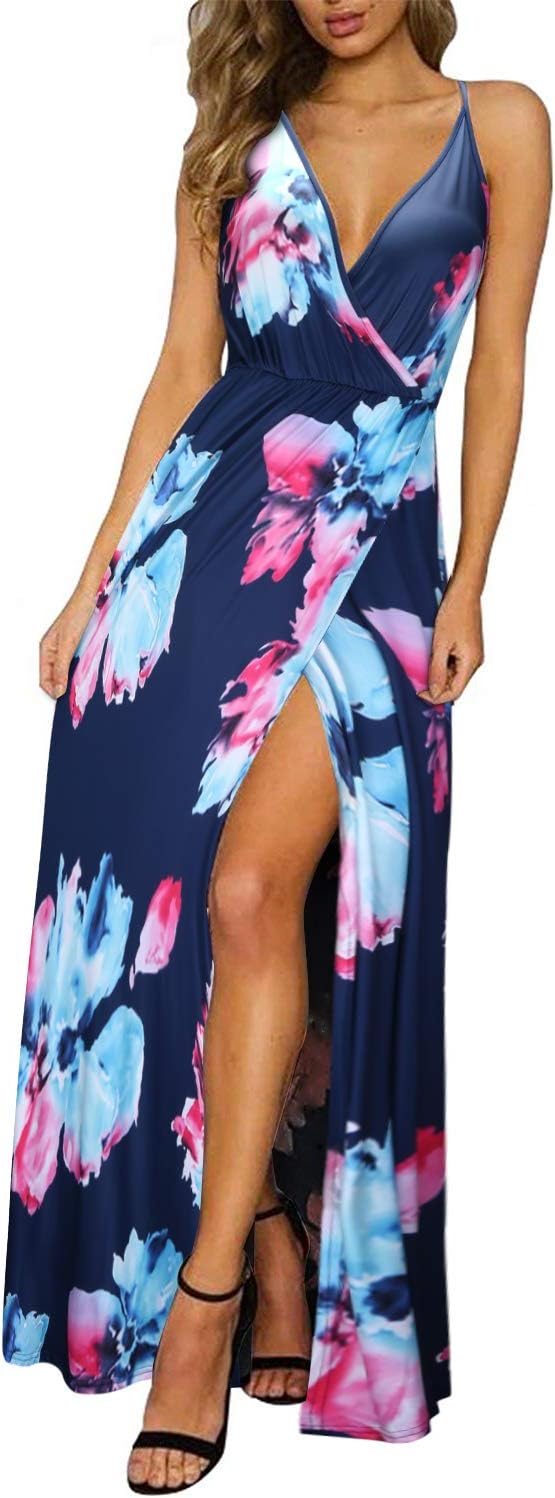 Women's Deep V-Neck Casual Dress Summer Backless Floral Print/Solid Split Maxi Dress for Beach Party
