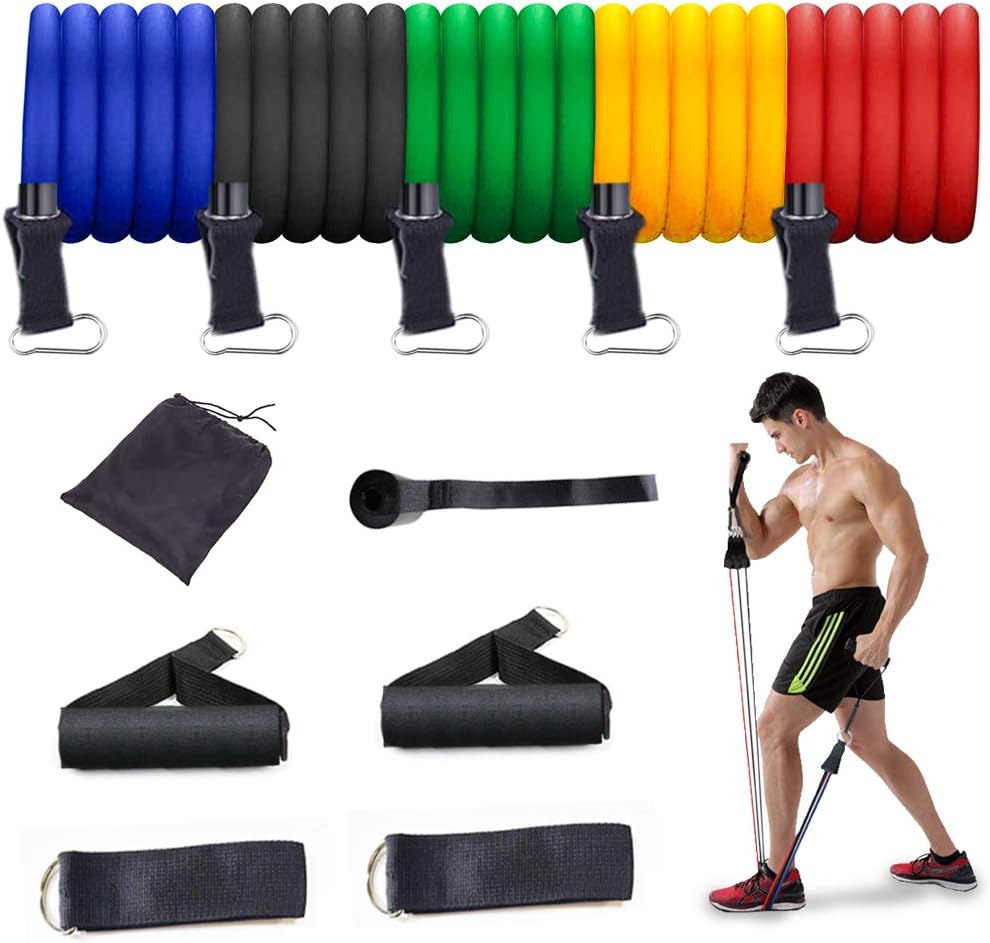 Resistance Bands Set, Home Workouts Exercise Bands with 5 Fitness Tubes, 2 Foam Handles, 2 Ankle Straps, Door Anchor, Carrying Pouch for Resistance Training, Physical Therapy, Home Gym Equipment
