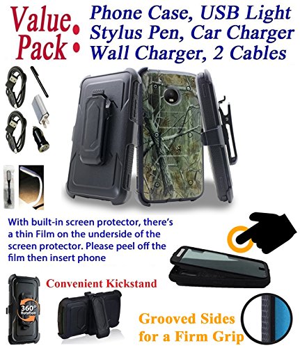 Value Pack Cables + for 5" Motorola moto G5 case Phone Case 360° Cover Screen Protector Clip Holster Kick Stand Armor Grip Sides Shock Bumper (Camo)