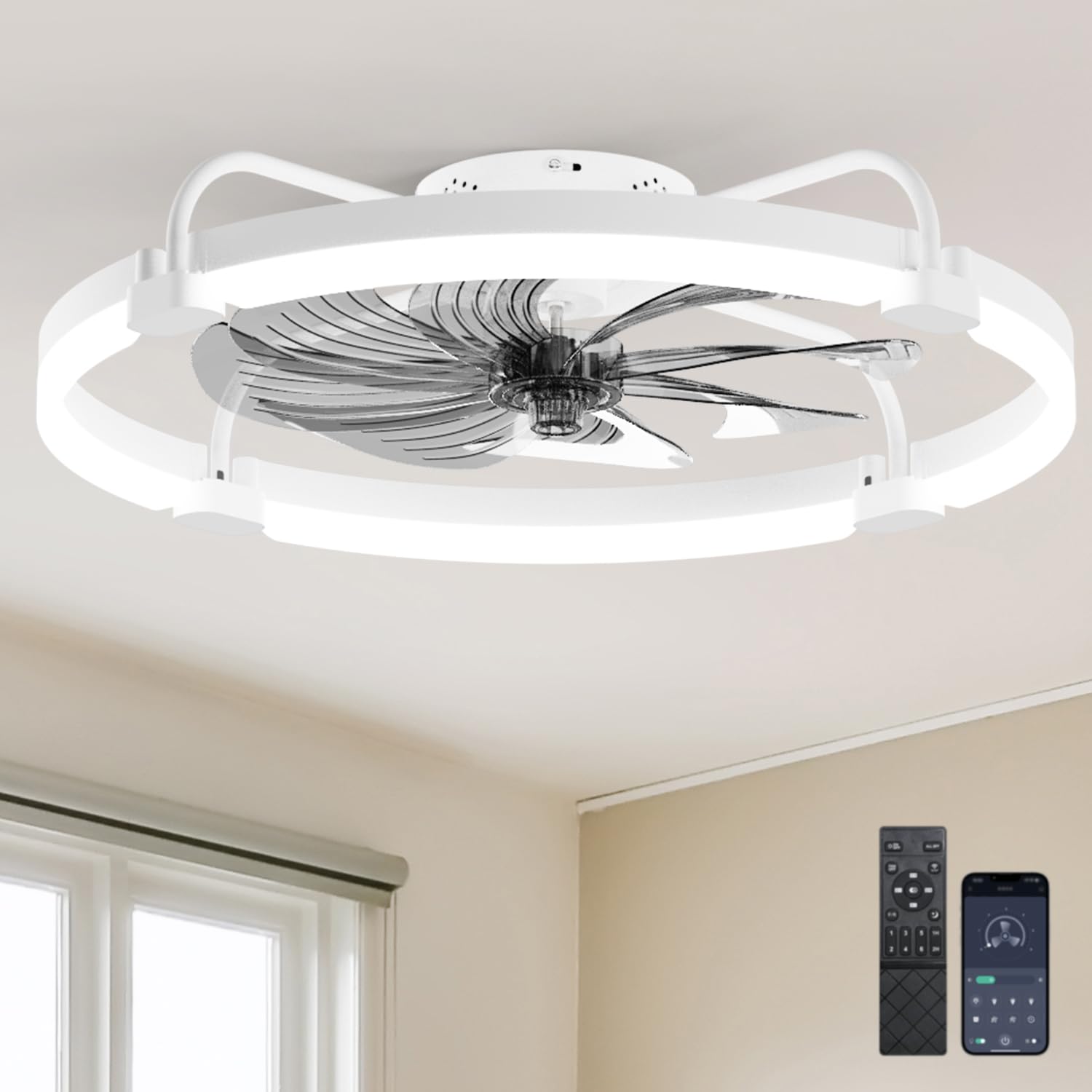 Photo 1 of Ensenior Ceiling Fans with Lights and Remote, 24'' Low Profile Ceiling Fan Flush Mount, APP Control, 6 Speed, 3CCT, Quiet Reversible DC Motor, Dimmable Modern Ceiling Fan with Light for Bedroom-White