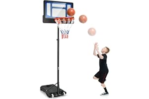 Goplus Portable Basketball Hoop, Basketball Goal w/4.3 FT-8.2 FT Adjustable Height, Ball Storage, Indoor Outdoor Weather-Resi