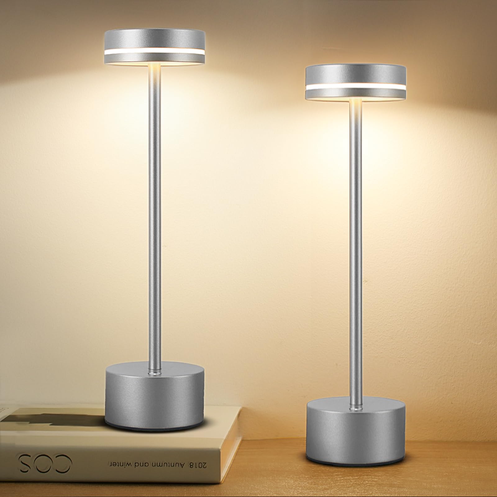Photo 1 of 2 Pack Cordless Table Lamp,Bedside Table Lamp for Bedroom,5000mAh Battery Operated Portable LED Desk Lamp,3 Way Dimmable Touch Lamp USB C Charging Ports for Living Room, Desk,Dining Room(Silver)
