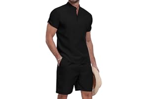YTD Men's 2 Pieces Set Short Sleeve Henley Shirts and Shorts Texture Summer Beach Vacation Outfits