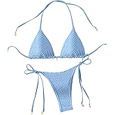 SHENHE Women's 2 Piece Halter Swimsuit Textured Tie Side Triangle Bikini Bathing Suit